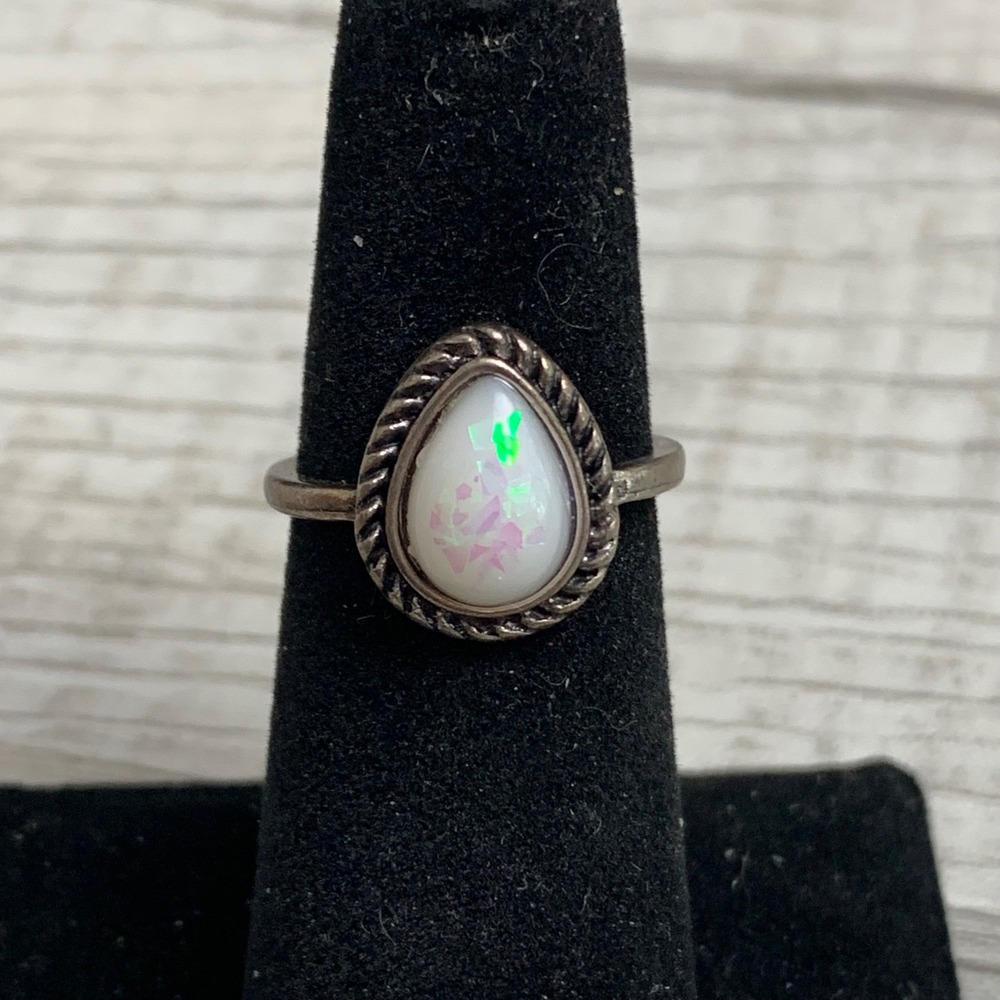 Faux Opal Teardrop Ring Silver Tone Rope Bezel Size 5.25 Boho 5041
